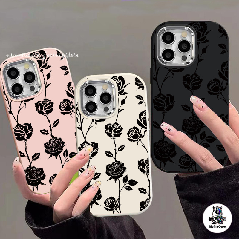 สำหรับ iPhone 13 12 14 11 15 Pro Max XR X Plus XS SE 7 สีดำกุหลาบลายการ์ตูนกรอบรูปโลหะกรณีโทรศัพท์กันกระแทก ป้องกันการตก