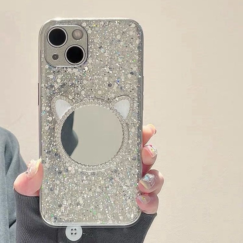 Makp up Diamond Love Mirror Silvery Sparkly Bling Soft สําหรับ iP iPhone 15 14 13 12 11 Pro Max 15plus 15prm 12prm 11prm promax สาวผู ้ หญิง Electroplated Apple แฟชั ่ นหรูหรา