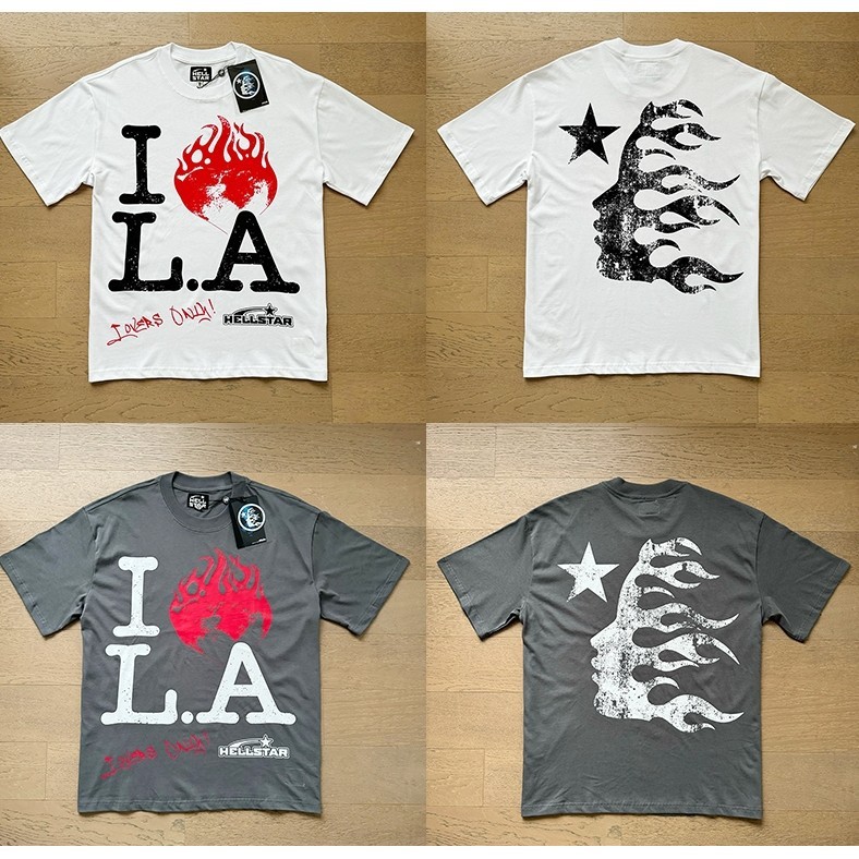 Hellstar เสื้อยืดผู้ชายและผู้หญิง Real Shot Hellstar Hell Big Letter พิมพ์กีฬา High Street ผ้าฝ้ายแท้เสื้อยืดแขนสั้นหลวม
