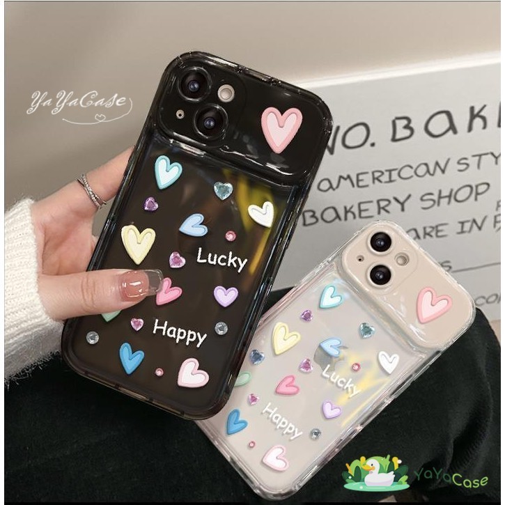สำหรับ iPhone 11 13 For เคสไอโฟน15 14 12 Pro Max X XR XS MAX 7 8 14 15 Plus HAPPY LUCKY LOVEรุ่น โปร่งใสกระจกแต่งหน้าเคส