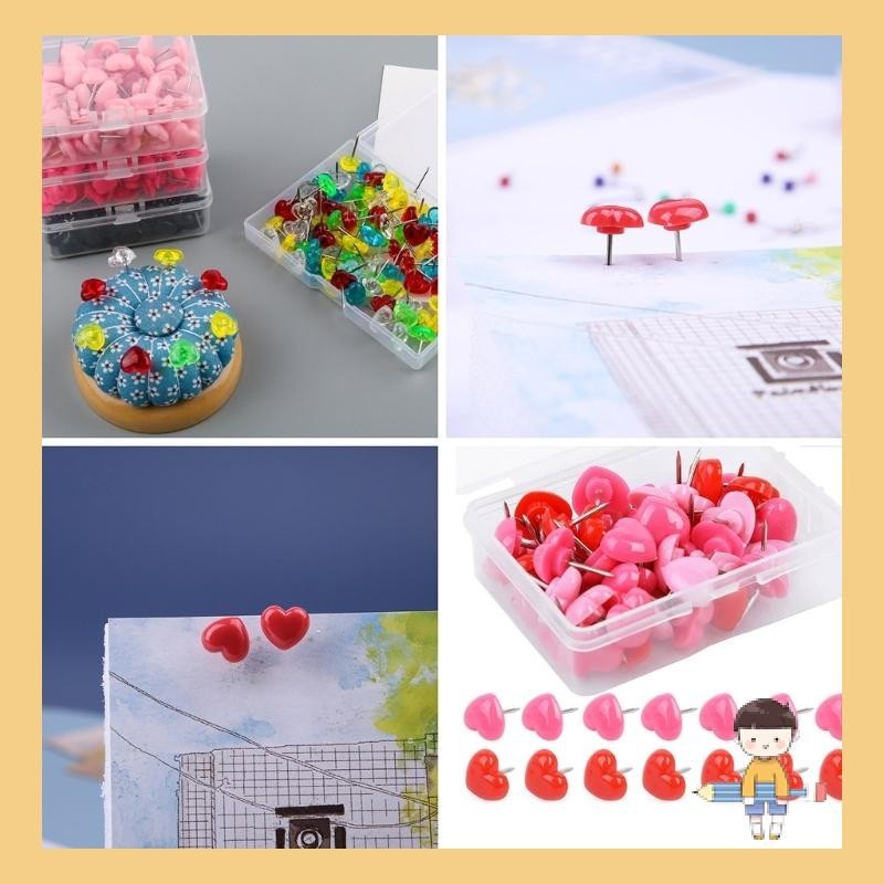 Stat 100 ชิ ้ น หมุดดันรูปหัวใจพร ้ อมเคสสําหรับบอร ์ ด Bulletin หมุดสีสันสดใส