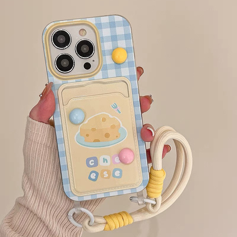 Ins Blue Checkered Cheese Card Bagสายรัดข้อมือแขวนเหมาะสําหรับIPhone 16ProMax 15 Promaxเคสโทรศัพท์Apple 14 ใหม่ 13 Pro Soft 12 11 Card 14 Pro Full Packageเคสโทรศัพท์