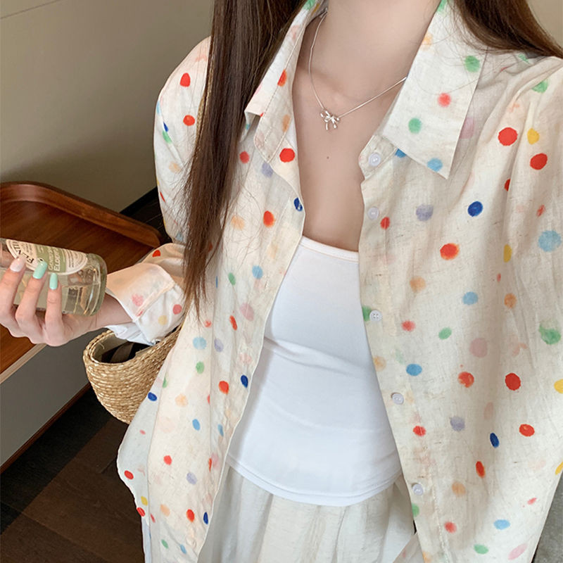 [ผลิตภัณฑ์ใหม่] Retro สีสัน Polka Dot Lapel เสื้อผู้หญิงอายุลด All-Match น้ําหนักเบา Slimmer ดูครีมกันแดด Top 2024 ฤดูร้อนเสื้อ