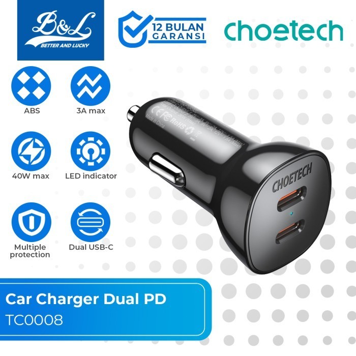 CHOETECH TC0008 เครื่องชาร์จในรถยนต์แบบสองพอร์ต Type-C PD3.0 40W ชาร์จเร็ว