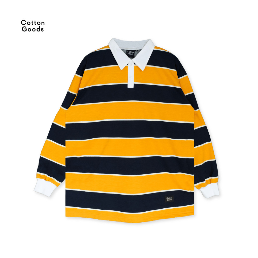 Cotton Goods เสื้อตัวยาวลายรักบี้สีขาวกรมท่าเหลือง Quebec Longsleeve