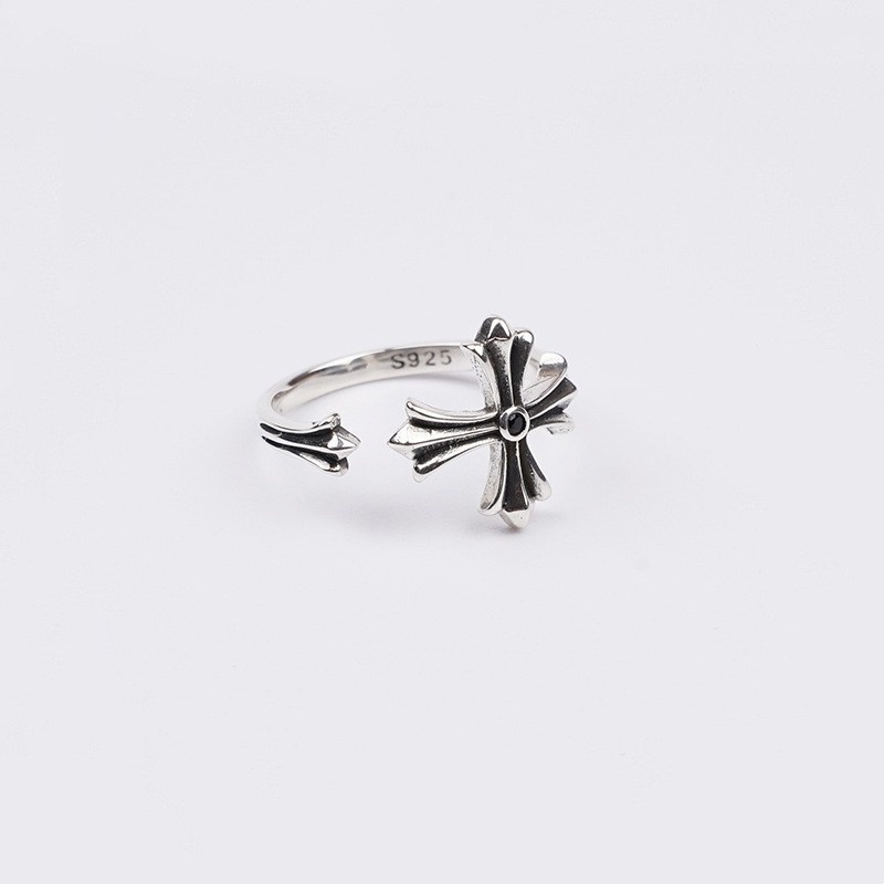 < Ten Hearts > S925 Silver-Plated Dark Design Opening Adjustable Cross Men Women Ring