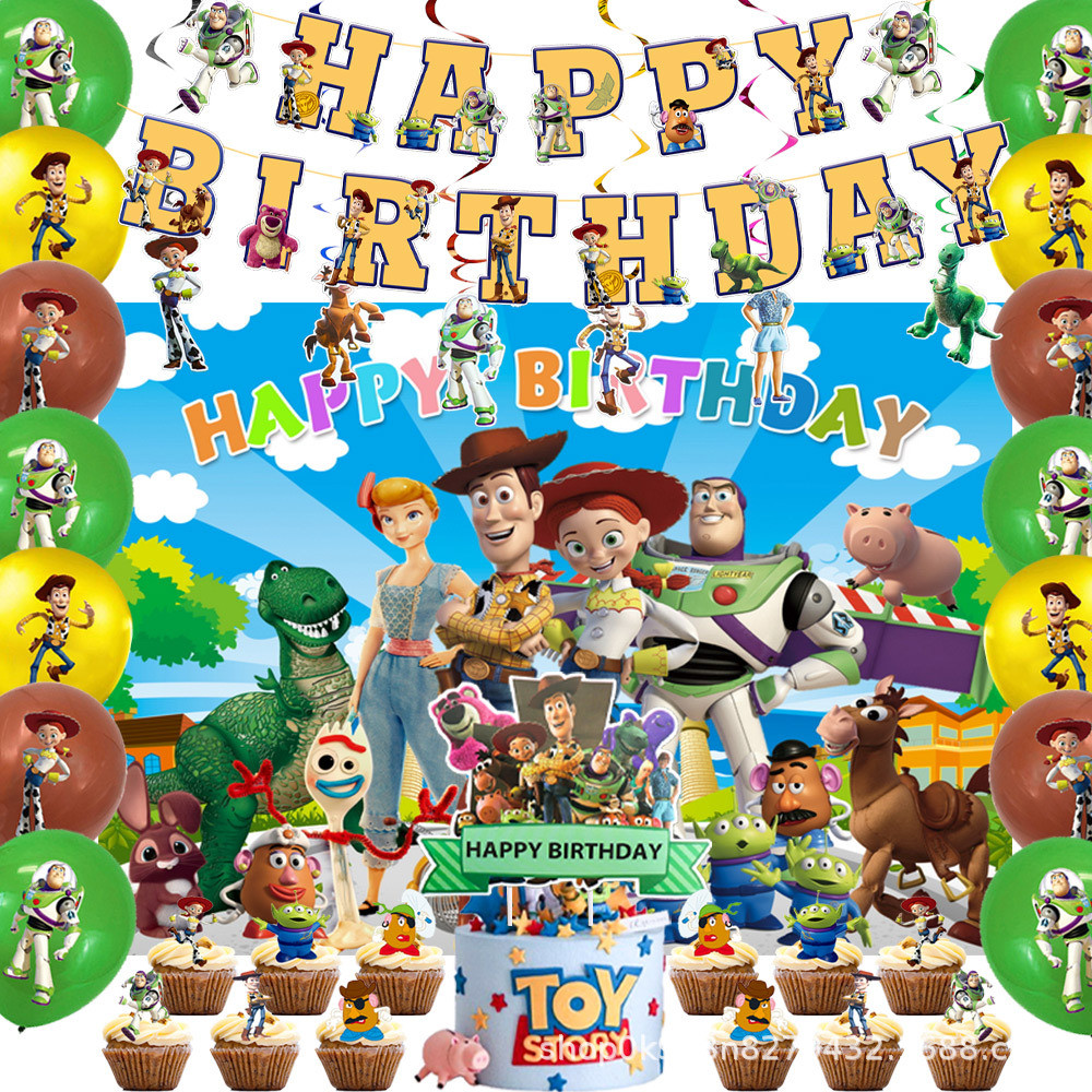 Disney Toy Story ชุดตกแต่งงานเลี้ยงวันเกิดพื้นหลังตกแต่งเค้ก Toy Story เซอร์ไพรส์วันเกิดเด็ก