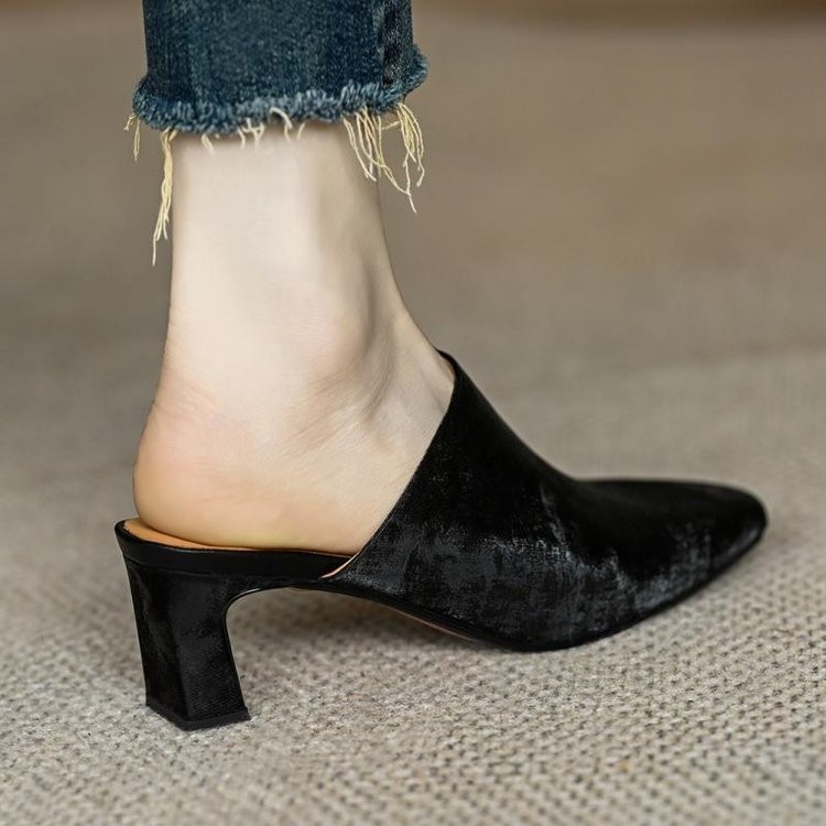 รองเท ้ าส ้ นสูงผู ้ หญิงสแควร ์ Toe ส ้ นหนาซาตินแฟชั ่ นรองเท ้ าแตะขี ้ เกียจขนาด 34-39