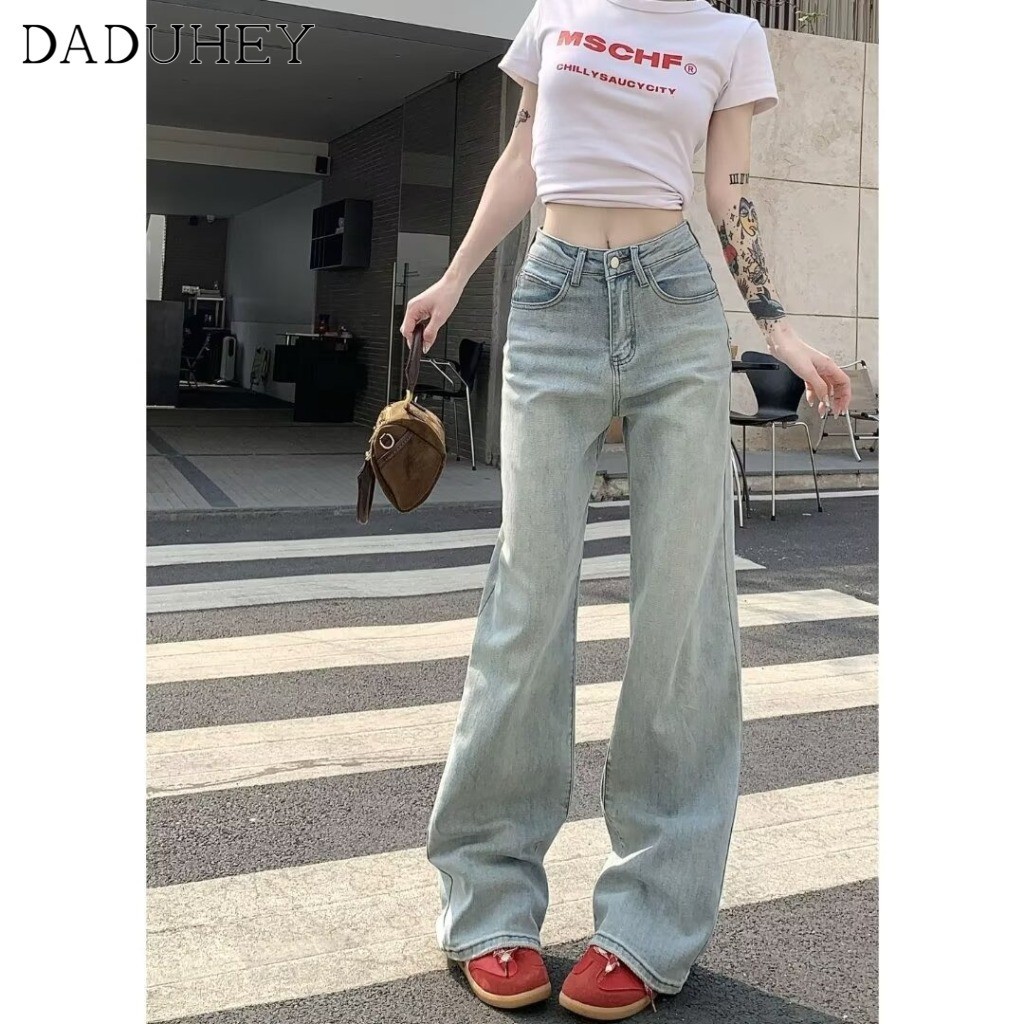 DaDuHey American High Street Washed Distressed Straight Jeans Women‘s 2024 New Fashion Brand Loose Wide-Leg Casual Pants