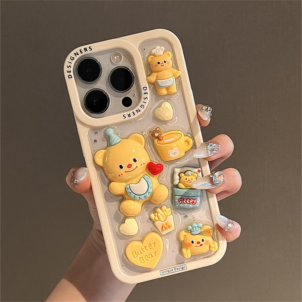 การ์ตูนน่ารักเนยหมีปลอกฟอยล์ 3D อุปกรณ์เสริมเคสโทรศัพท์สําหรับ IPhone iPhone 16 Pro Max 15 Pro Max 11 12 13 14 Pro Max 15 PLUS กันชนกันกระแทกปกแข็ง