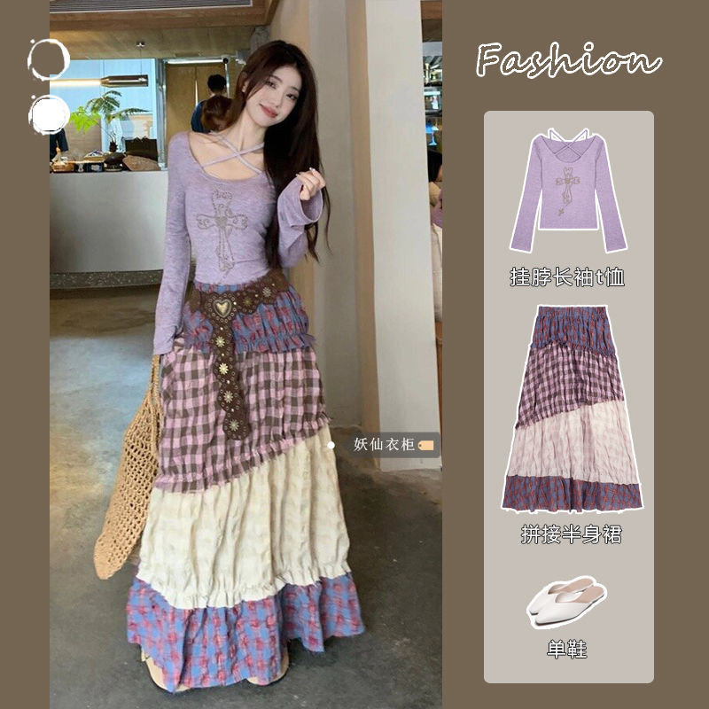 Halterneck เอวสูงผู้หญิงแขนยาว a-Line แขนยาวชุดกระโปรงเสื้อยืดสไตล์ฤดูใบไม้ผลิ Slim-fit สาวร้อนหวานเผ็ดเย็บ Q8WX