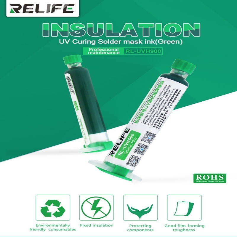 Relife RL-UVH-900 เชื่อม UV สีเขียวกาว Curable Solder Mask 10CC PCB BGA Board ป้องกันบัดกรีวางสีเขียว Flux เชื่อมน้ํามัน