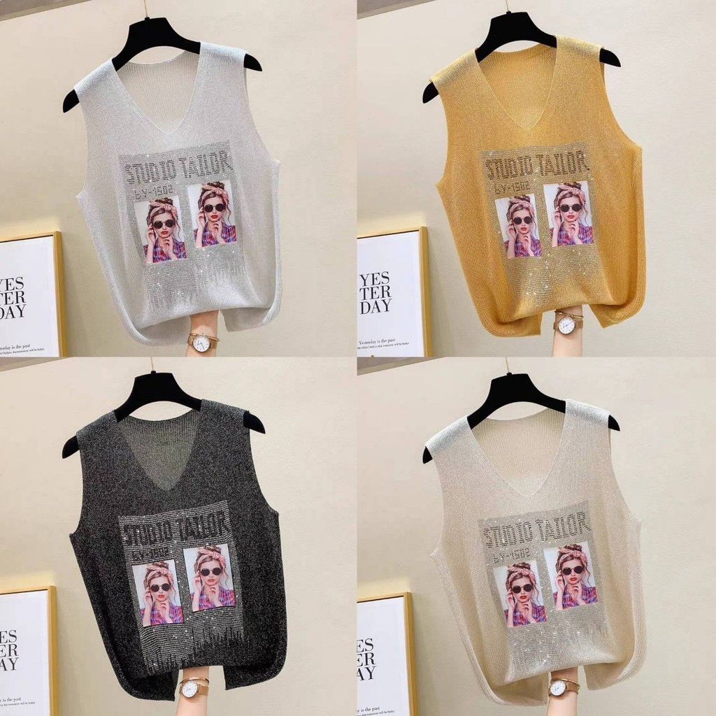 🔥SELL🔥เสื้อกล้ามคอวีผ้าไหมพรมวิ้งๆ แต่งปักลายรูปคน ผ้านิ่มใส่เย็นสบาย ยืดได้เยอะมากกก สาวไซส์ใหญ่ใส่ได้ *พร้อมส่ง*