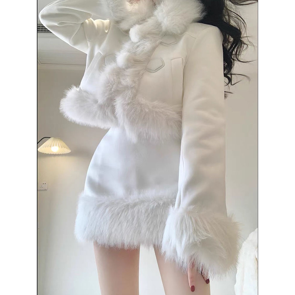 Fur Collar Autumn and Winter Sweet Peach2023New Furry Fashion Skirt Ice Man Short Coat+Two-Piece Set for Women VWWS
