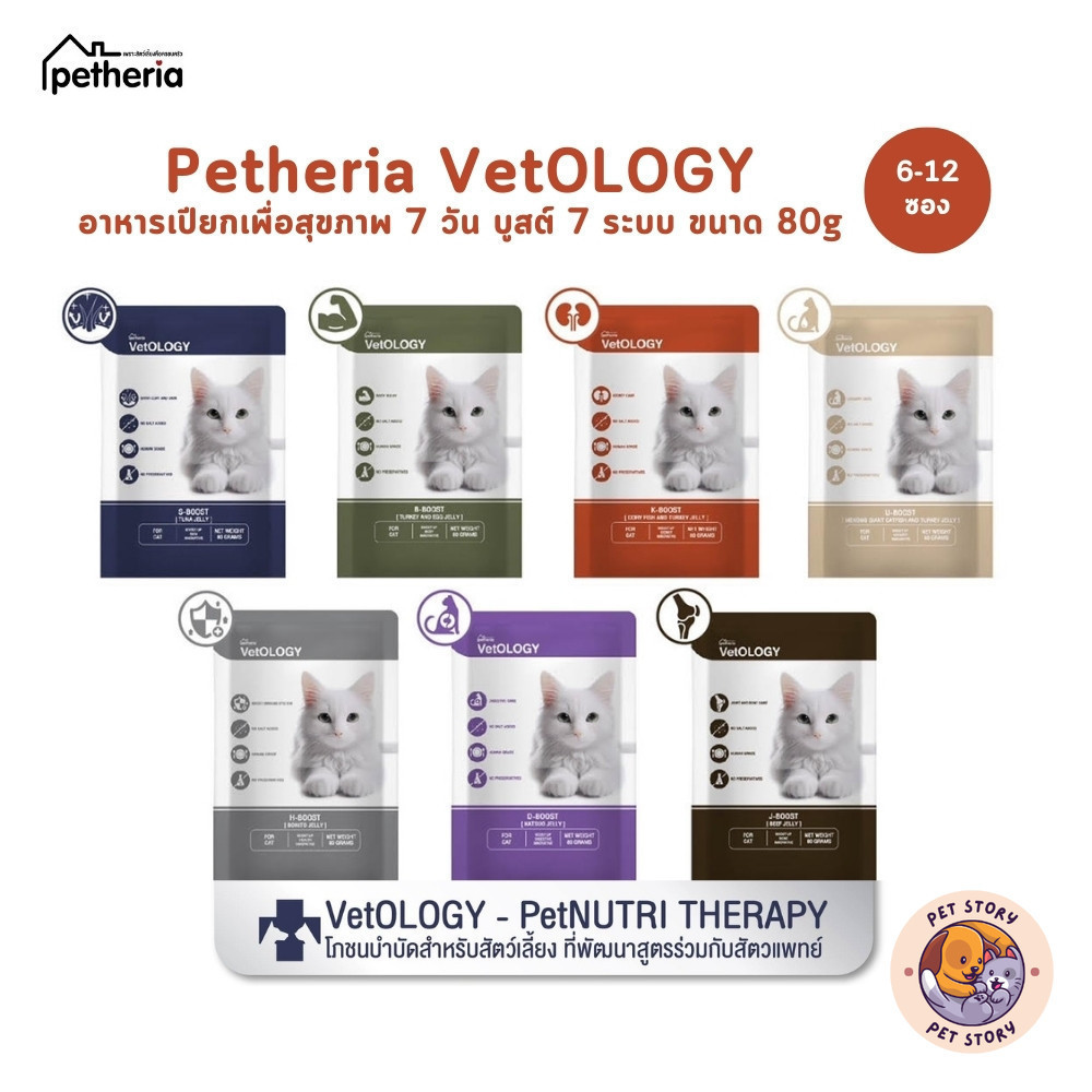 Petheria VetOLOGY เพ็ทเทอเรีย อาหารเปียกแมว [6-12 ซอง] สูตรบำรุงสุขภาพ ไม่เติมเกลือ Human Grade ขนาด 80 กรัม