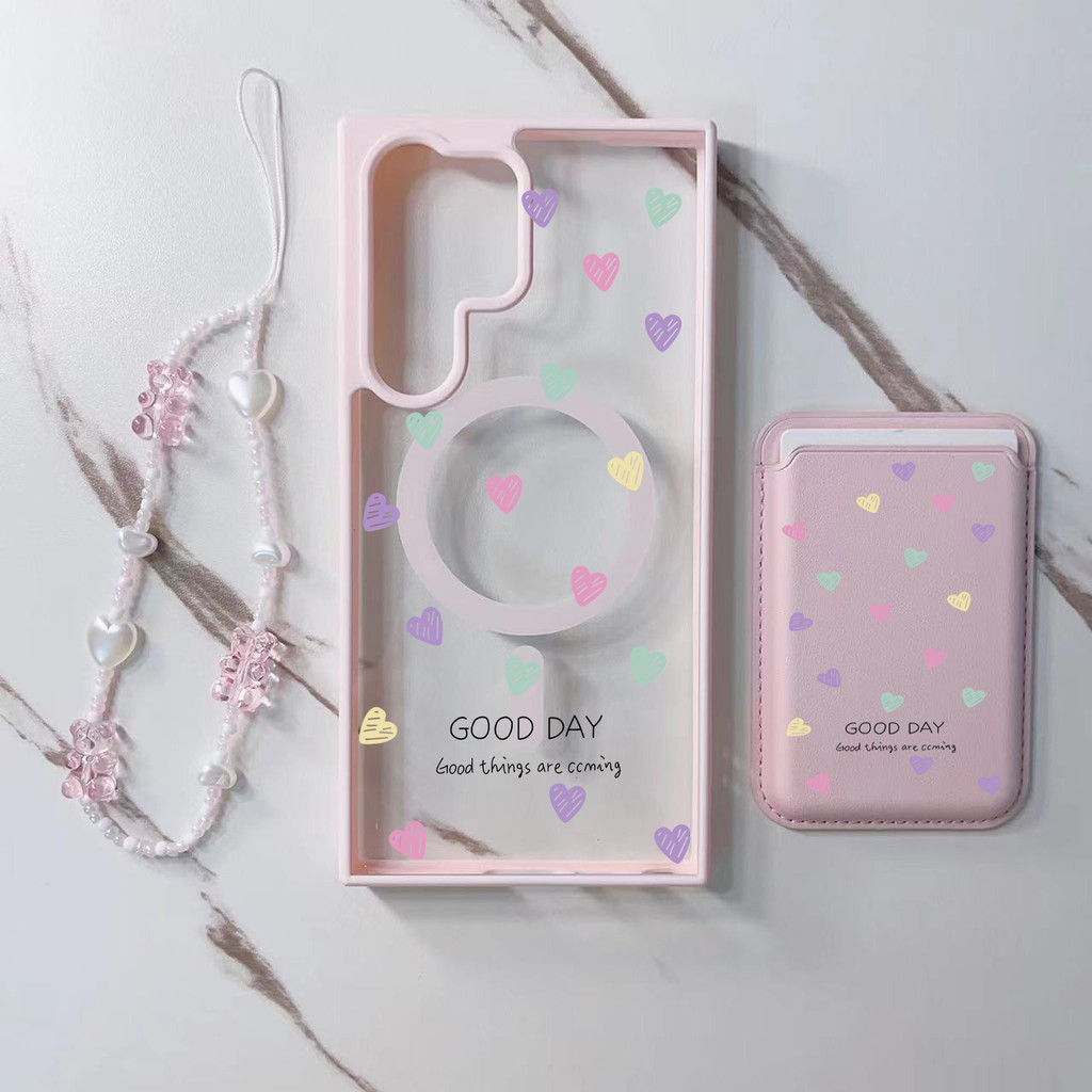 3pcs Love Heart กระเป๋าสตางค์สีชมพูสําหรับ Samsung s22 s22plus ultra Case Girly S23 S23Plus s23fe s24 s24plus s24ultra ปกหลัง