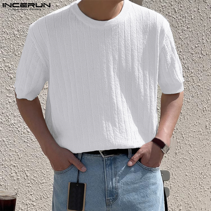 Incerun เสื ้ อยืดแขนสั ้ นคอกลมลายทางเกาหลี