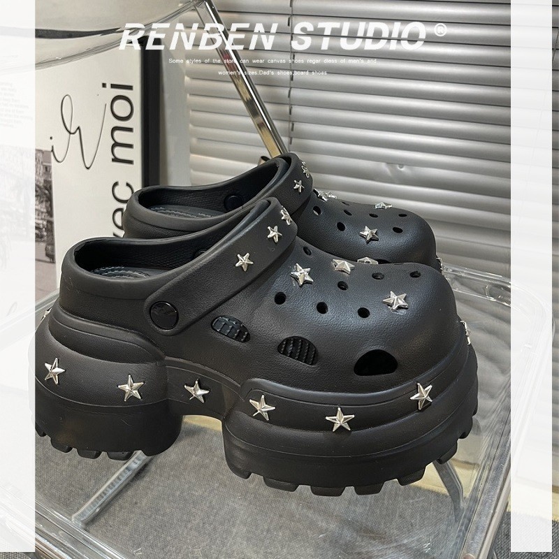 Renben รองเท้าแตะเพิ่มความสูง 10 ซม. ins star พื้นหนานุ่มพิเศษสุทธิสีแดงรองเท้ารูชายหาด