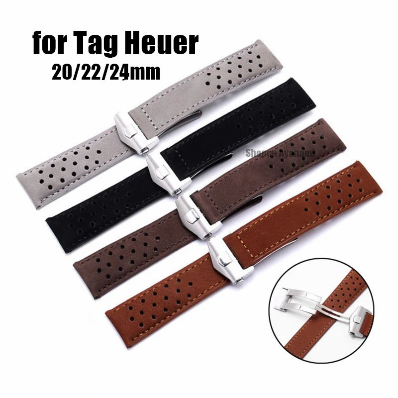 TAG HEUER 20มิลลิเมตร22มิลลิเมตร24มิลลิเมตรระบายอากาศหนังแท้สายนาฬิกาสําหรับแท็ก ฮอยเออร์ สายนาฬิกาเปลี่ยนนุ่มเข็มขัดสร้อยข้อมือที่มีพับหัวเข