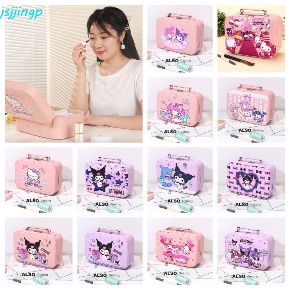 Jsjjingp Kitty กระเป๋าแต่งหน้ามือถือ, กระจก Flocked Kuromi กระเป๋าเครื่องสําอางกระเป๋าเดินทาง, สี่เหลี่ยมผืนผ้า My Melody ซิปความจุขนาดใหญ่การ์ตูน PU กรณีเครื่องสําอางเดินทาง