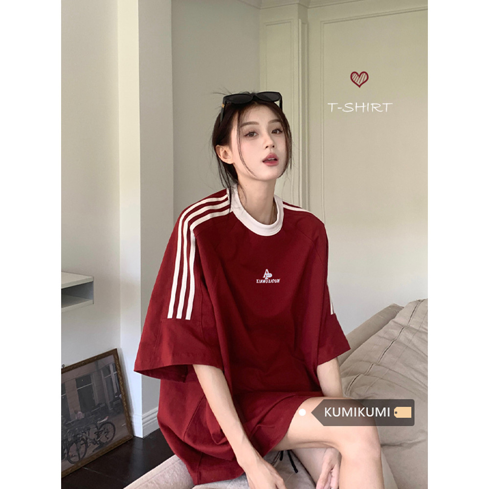 Solovely สไตล์เกาหลี เสื้อผู้หญิง ลายทาง แขนสั้น โอเวอร์ไซส์ เสื้อยืด