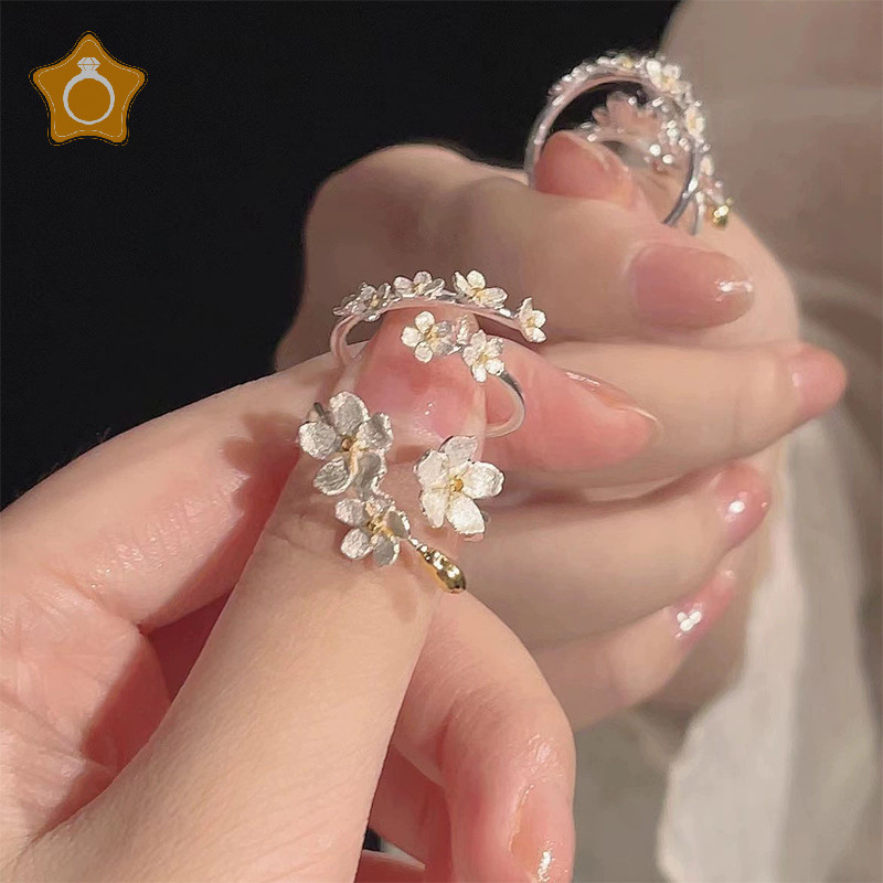 [IN] ดอกไม้ที่ละเอียดอ่อนเปิดแหวนปรับได้สําหรับผู้หญิงสีเงินเรียบง่ายแหวนนิ้วหมั้นเครื่องประดับดีของขวัญหญิง TH