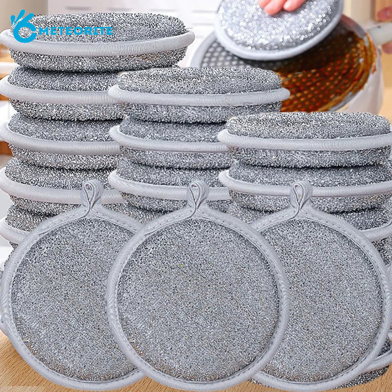 1/3/5 ชิ้น Strong Stain Removal Silver Wire Sponge Wipes - Round Shape ฟองน้ําล้างจานสองด้าน - อุปกรณ์ทําความสะอาดห้องครัว