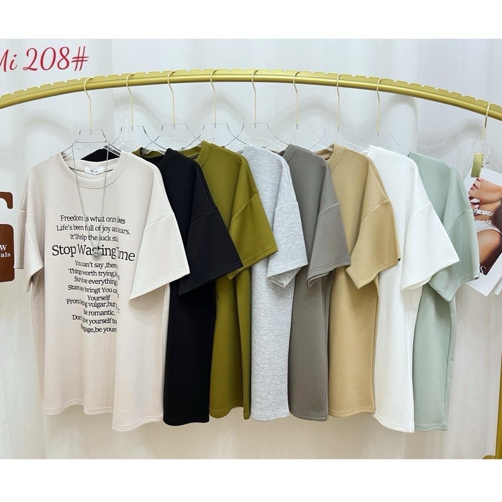UMI 208 เสื้อยืดเกาหลีกึ่งโอเวอร์ไซส์ เสื้อยืดสีพื้นสแกนตัวหนังสือด้านหน้า ผ้าคอตตอนสเป็นเด็กช์