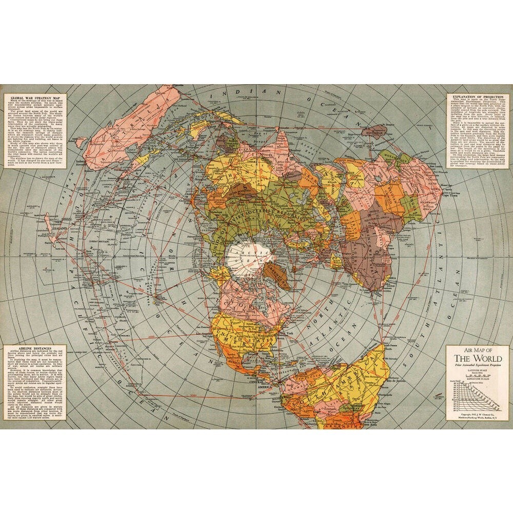 1943 Flat Earth World War Ii Map Polar Azimuthal Equidistant Projection Poster