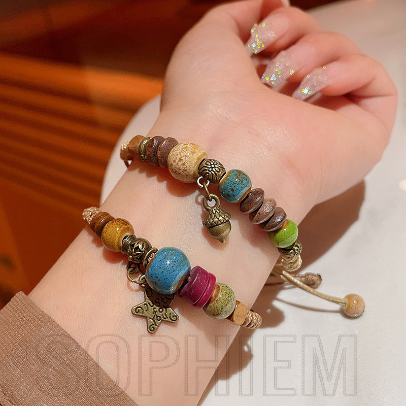 สร้อยข้อมือลูกปัดถักเซรามิก 3 ชิ้น - โซ่มือเชือกปรับได้ - สไตล์จีน, ชาติพันธุ์ - ไพน์โคน , จี้ดาวห้าแฉก - อุปกรณ์เครื่องประดับ - เชือกมือคู