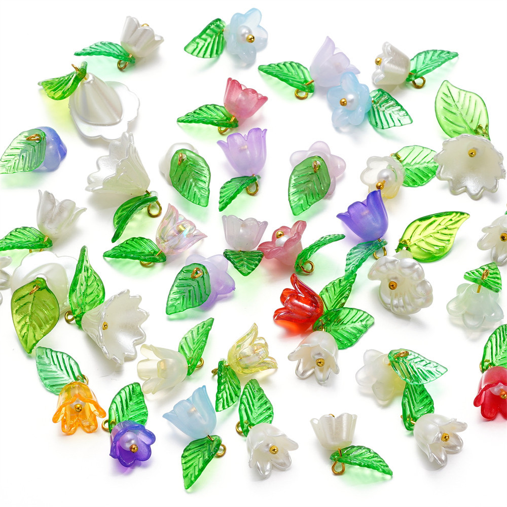 ลูกปัดดอกไม้อะคริลิค+จี้ใบไม้  10-20ชิ้น สำหรับDIYเครื่องประดับ งานฝีมือ อุปกรณ์ทำสร้อย