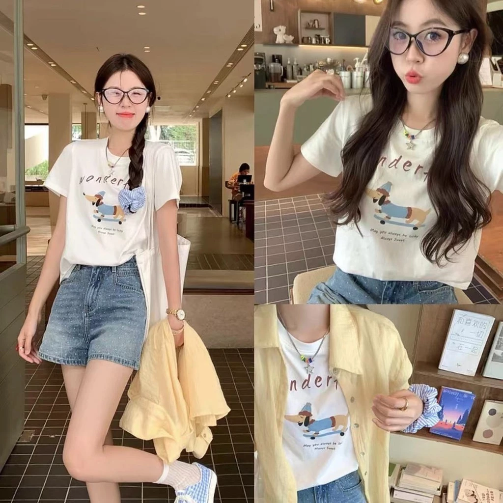เสื้อยืดแขนสั้นคอกลมผู้หญิง ลายดอกไม้ ทรงหลวม thumbnail 3
