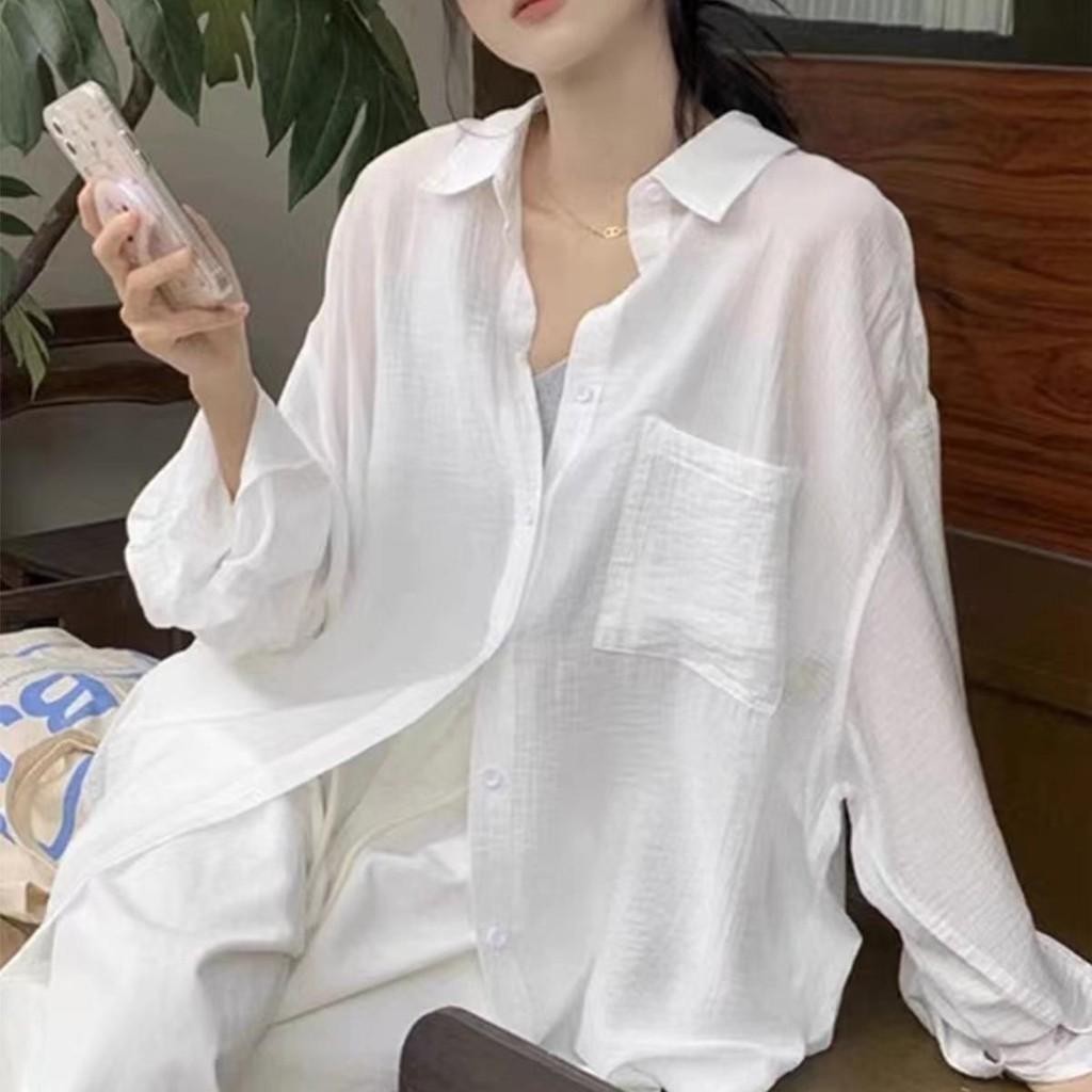 Cuties w403 เสื้อเชิ้ตโอเวอร์ไซส์ oversize เชิ้ตแขนยาวสีขาว แฟชั่นผู้หญิง ผ้าเรยอน แบบบาง กันแดด