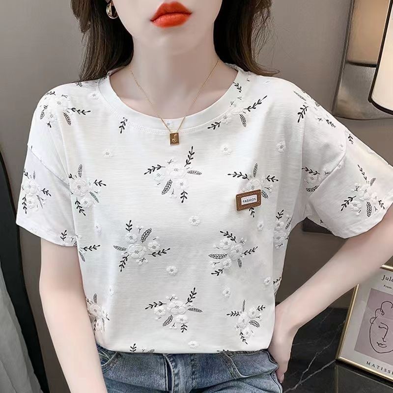 เสื้อยืดแขนสั้นสุภาพสตรีสีขาว 2024 สไตล์ใหม่เกาหลีรุ่นหลวมรอบคอ อิน อินเทรนด์สร้างสรรค์ครึ่งแขนด้านใน สูงสุด