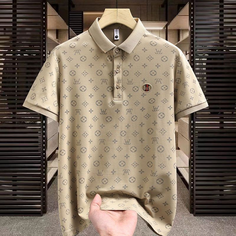 สไตล์ใหม่ผู้ชายผ้าไหมน้ําแข็งเสื้อโปโลครึ่งแขนแขนสั้นเสื้อลําลองผู้ชายอินเทรนด์คอปก T