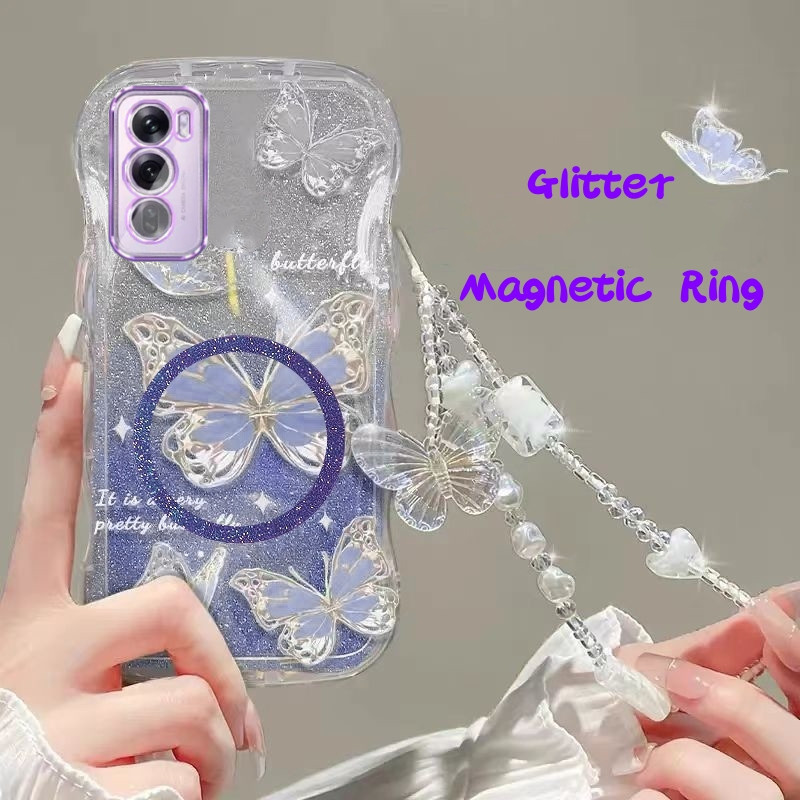 Dreamy ผีเสื้อ OPPO Reno 12 Pro Reno 12 5G ปลอกไฟฟ้าแบบนุ่มหรูหราไล่โทนสี Glitter แหวนแม่เหล็กเคสโทรศัพท์พร้อมขายึดฝาครอบป้องกัน