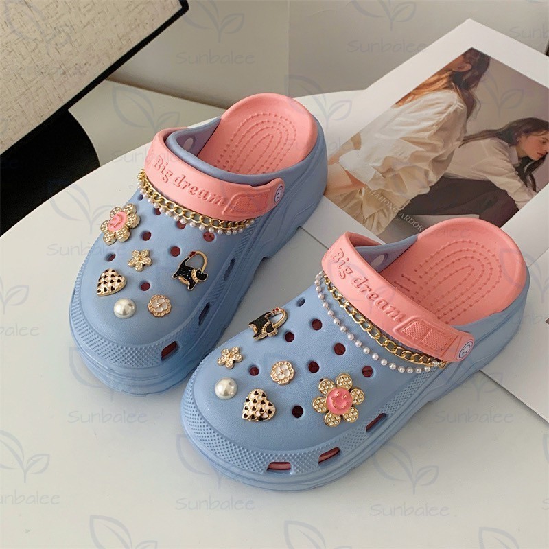 H-13 DIAM/GLP/5GO รองเท้าหัวโต รองเท้ารัดส้น เสริมส้นสูง 5 CM สีพาสเทลทูโทน แถมตัวติดน่ารัก สินค้าพร้อมส่ง