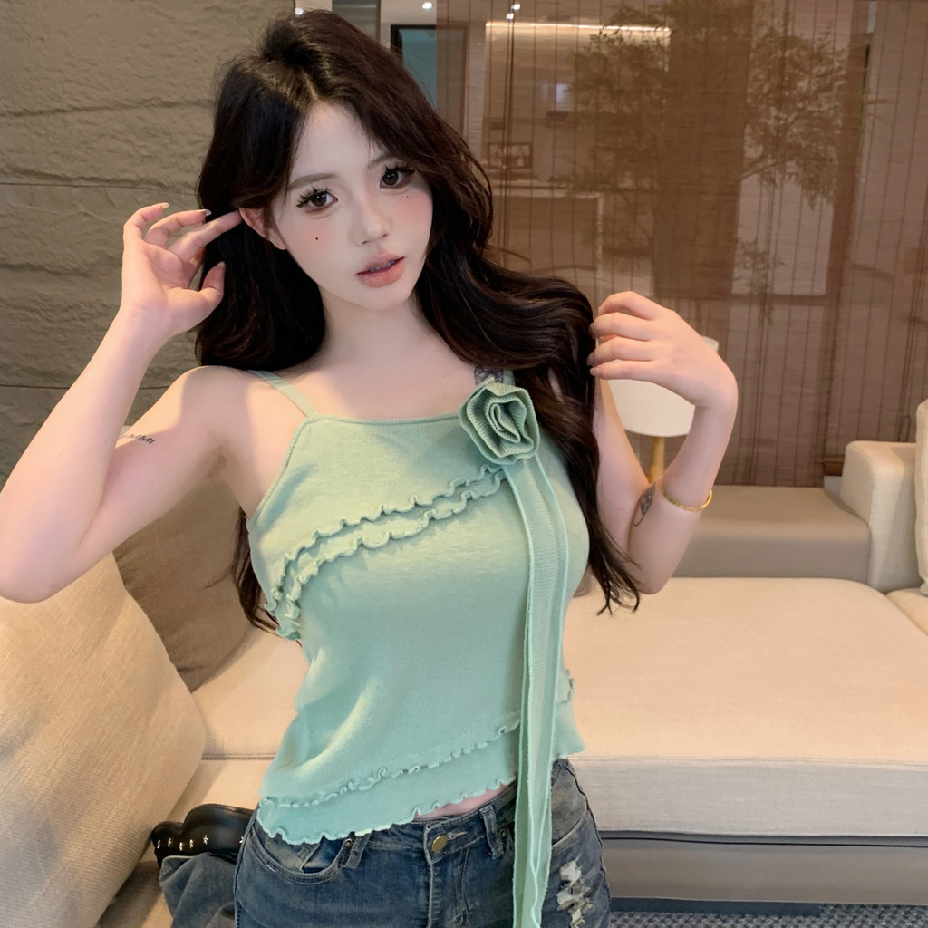 โมลาโซเมะ ผู้หญิง2024แฟชั่นใหม่ดอกไม้สีทึบเชือกแขวนคอคอเสื้อกล้ามแขนกุด