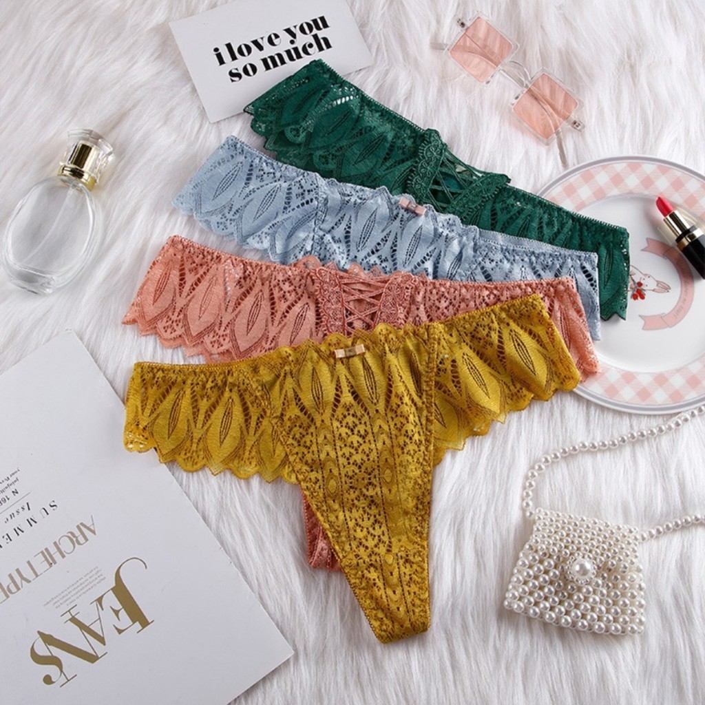 Zxyouping กางเกงชั้นในสตรีเซ็กซี่ลูกไม้ทองต่ําเอว Hollow G String T กลับชุดชั้นใน