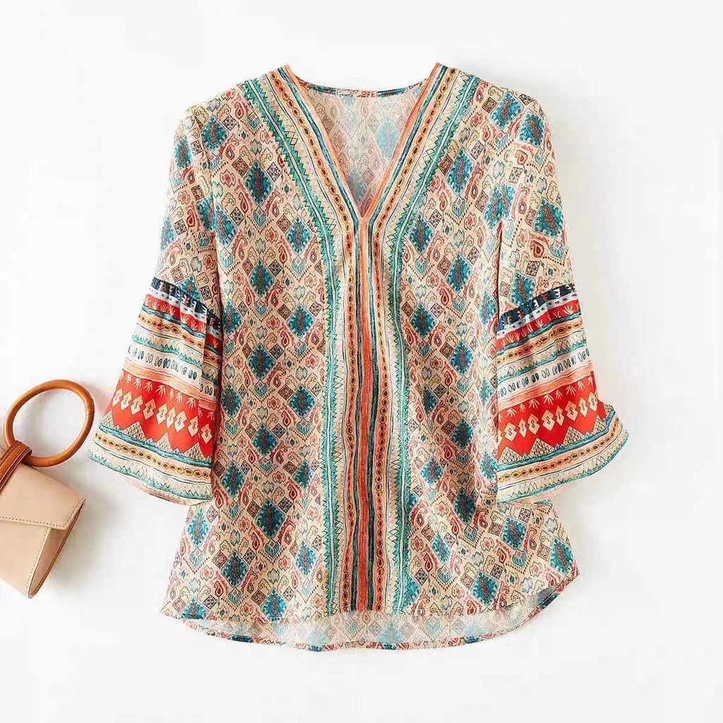 Lune_Graceเสื้อเชิ้ตแขนสามส่วนลายวีนเทจ คอวี ย้อนยุค ผ้านุ่มใส่สบาย-พร้อมส่งจากไทย- รุ่นw408