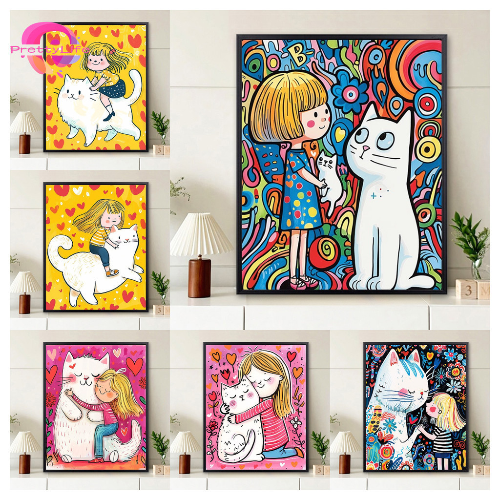 PLArt การ์ตูนน่ารักสาวน้อยและแมว 5D DIY ภาพวาดเพชรคริสตัล cross stitch เพชรรอบโมเสคชุดเย็บปักถักร้อย Rhinestone ตกแต่งบ้าน 30x40 ซม.
