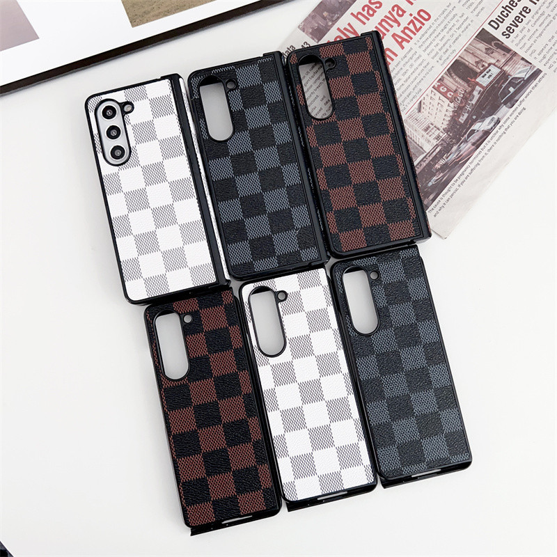 สําหรับ Samsung Galaxy Z Fold 5, Z Fold 6, เคสโทรศัพท์แบบพับได้ลายหมากรุกคลาสสิกพร้อมฝาครอบป้องกันหนังสี่เหลี่ยม