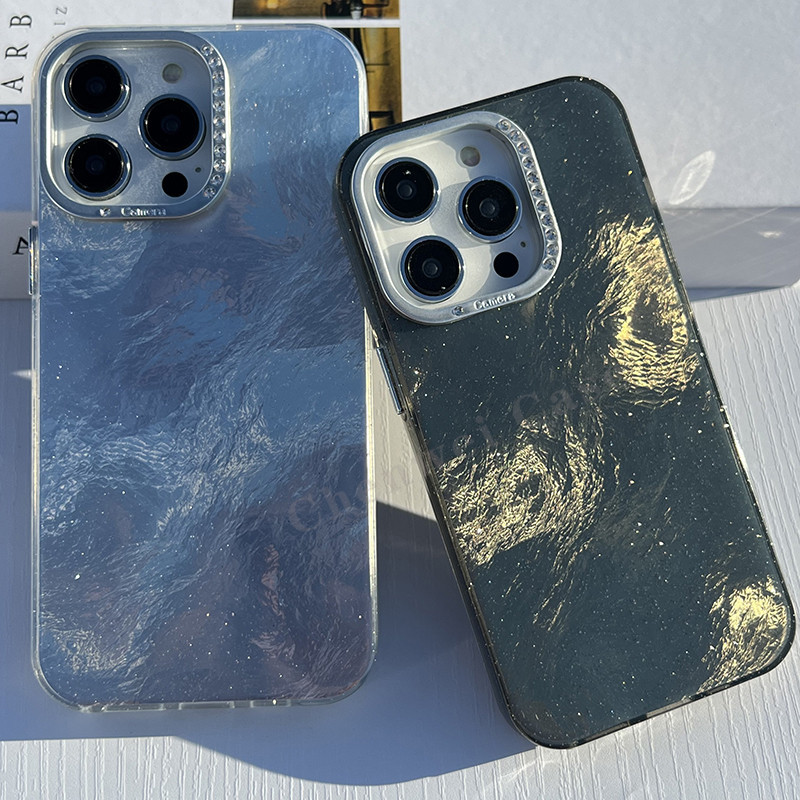 Glitter ผงฟอยล์ดีบุกรูปแบบ Hard Glossy สําหรับ iPhone 15Promax 15Pro 15 14 14Pro 14Promax 13 13Pro 13Promax 12 12Pro 12Promax 11Promax 11 14Plus 15Plus สีดําเงิน 16Pro