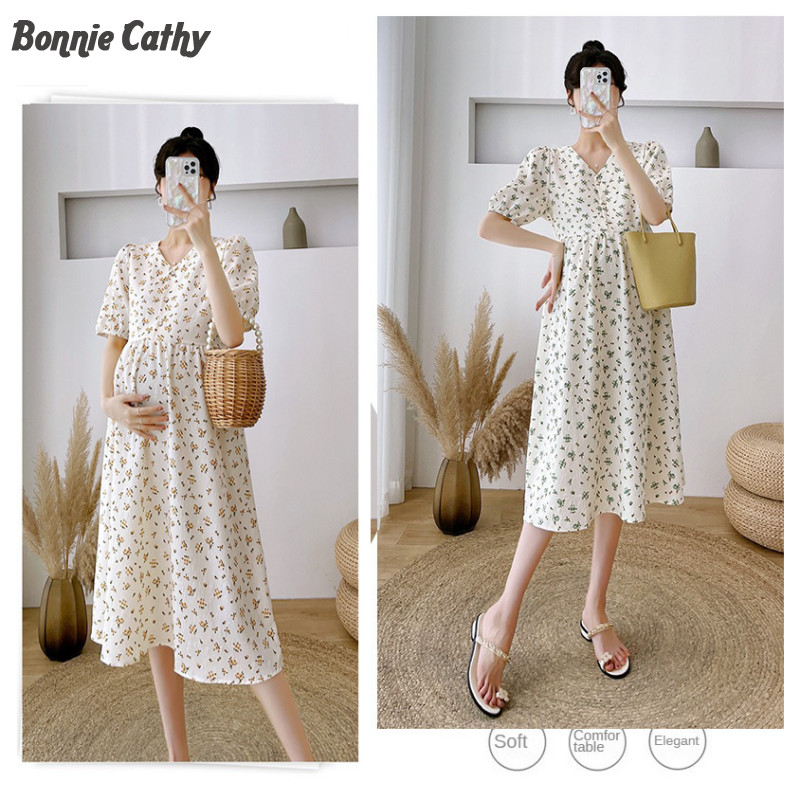 Bonnie Cathy ชุดเดรสให้นมบุตรการตั้งครรภ์ ชุดเดรสคลุมท้องกระโปรงยาวลายดอกไม้