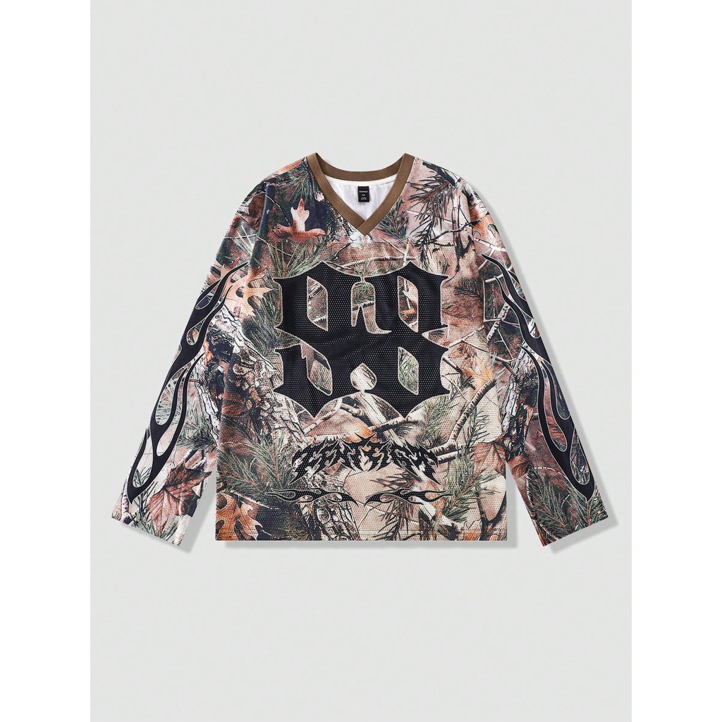 Romwe Street Life Mens Camouflage Print Mesh Splice เสื้อยืดกีฬาแขนยาว Activewear Jerseys