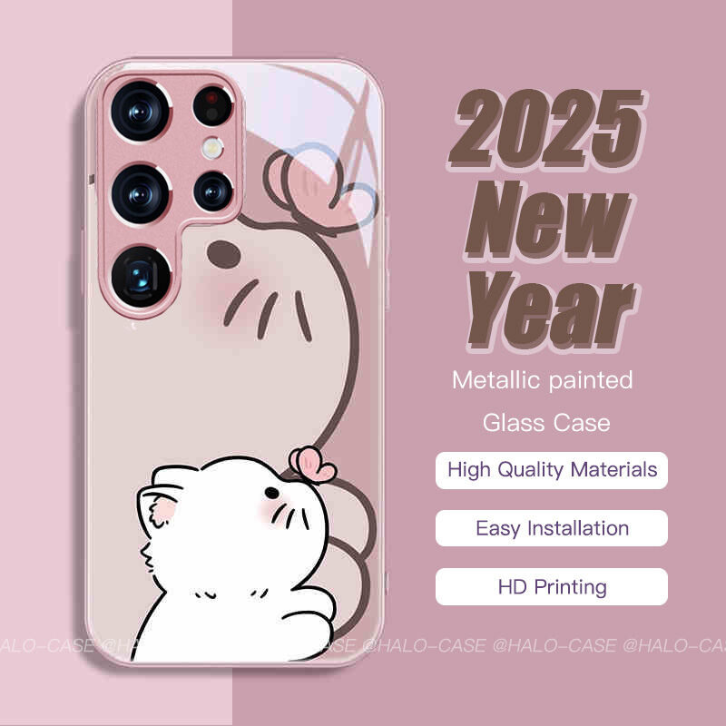เคสสำหรับ Samsung S25Ultra S24 Ultra S23Ultra S22 ด้านหลังกระจก กรอบนุ่ม พ่นสีโลหะ เคสแข็ง คู่แมวน่ารัก 2025 ปีใหม่ Galaxy A55 A54 A34 A53 A52