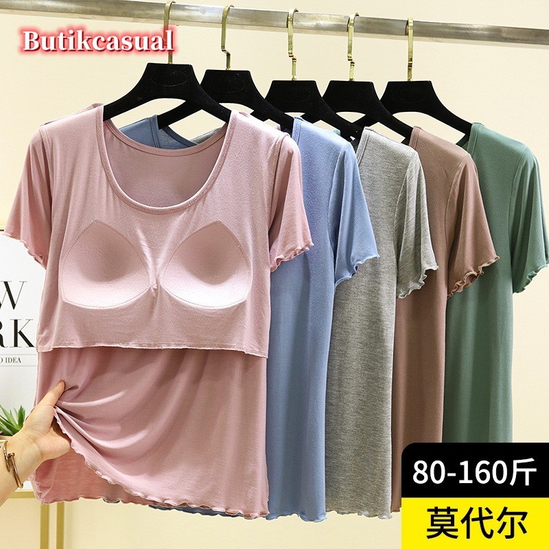 ผู้หญิง Modal แขนสั้น Tshirt แผ่นรองหน้าอกชุดนอนเสื้อ 2025 ฤดูร้อนบางขนาดใหญ่หลวมเสื้อลําลองเสื้อ