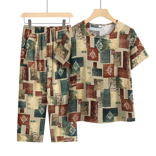 เสื้อคนแก่ ชุดคุณแม่ชุดลำลองฤดูร้อนเสื้อแขนสั้นทรงหลวมสำหรับผู้หญิงวัยกลางคนและผู้สูงอายุชุดคุณยายชุ