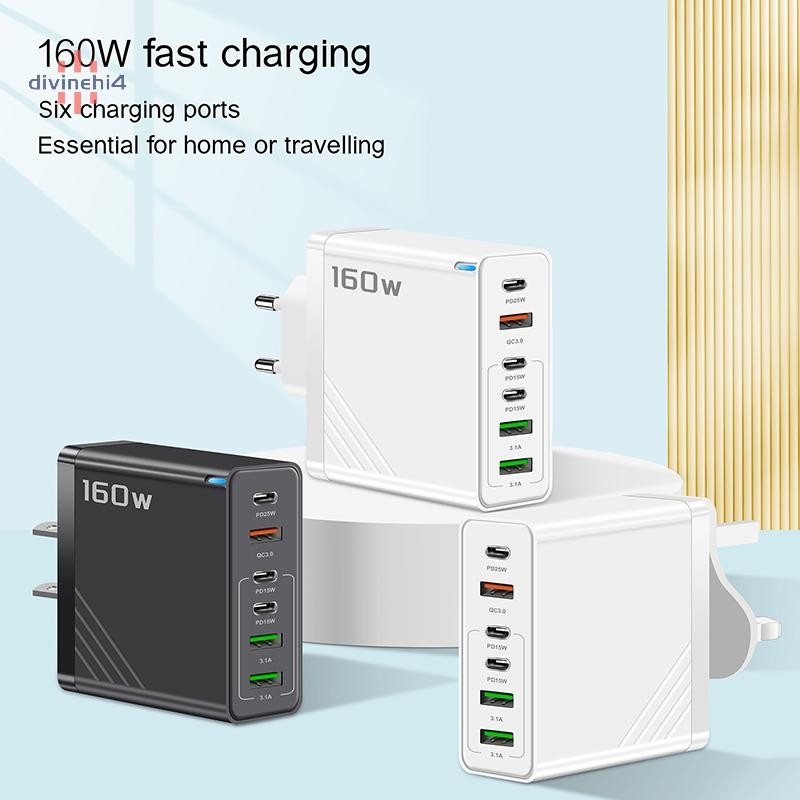 <divinehi4> 160W 6-port USB Type C Quick Charge PD QC3.0 Wall Charger Adapter สําหรับ Huawei ที่ชาร์