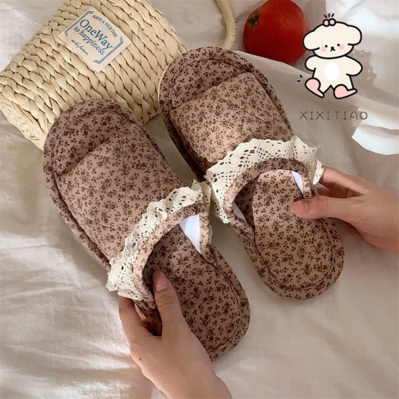 Xitiao Casual ในร่มลูกไม้ Trim สุภาพสตรีผ้าฝ้ายผ้าลินินรองเท้าแตะบ้าน Four Seasons Retro ดอกไม้